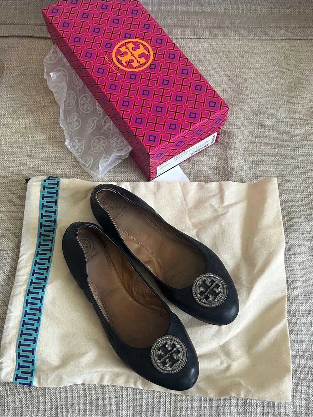 Tory Burch Black Leather Logo-Embellished Ballet Flats